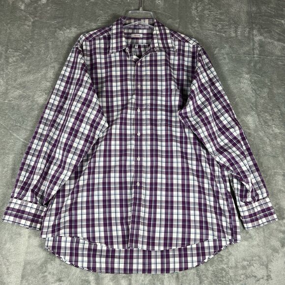 IZOD Button Up Shirt Mens 17-17.5 34 35 Stretch Long Sleeve‎ Purple Plaid Casual - Picture 1 of 6